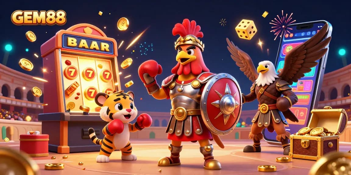 Experience GEM88's thrilling gaming ecosystem with a packed casino scene featuring dynamic elements.