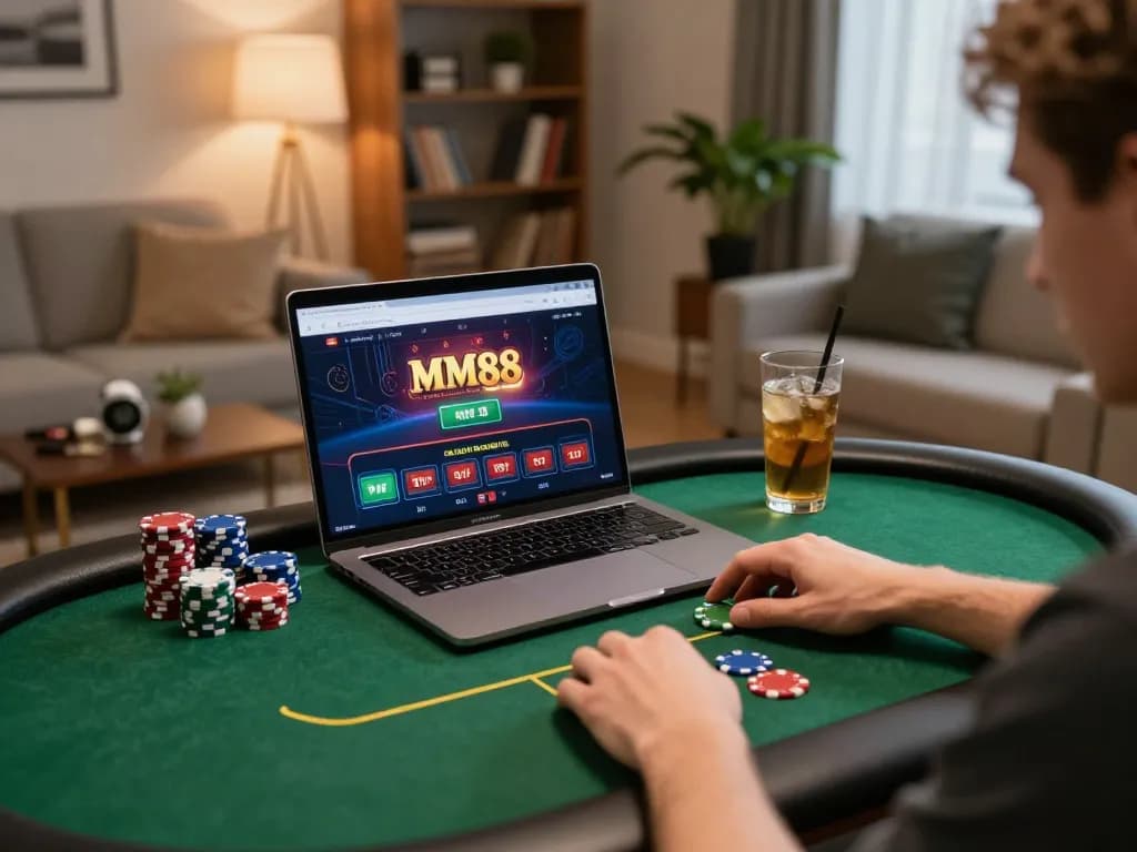 Engaged player using MM88 online casino platform with poker chips in a cozy home setting.