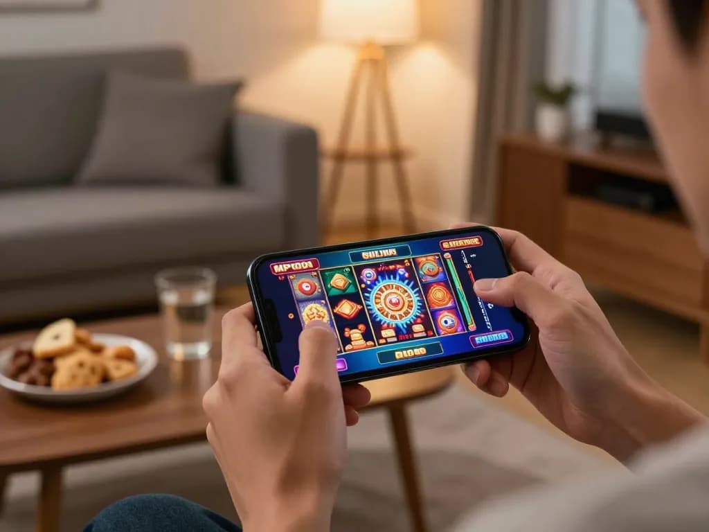 MPO08 online gaming on smartphone brings vibrant entertainment to cozy living room.