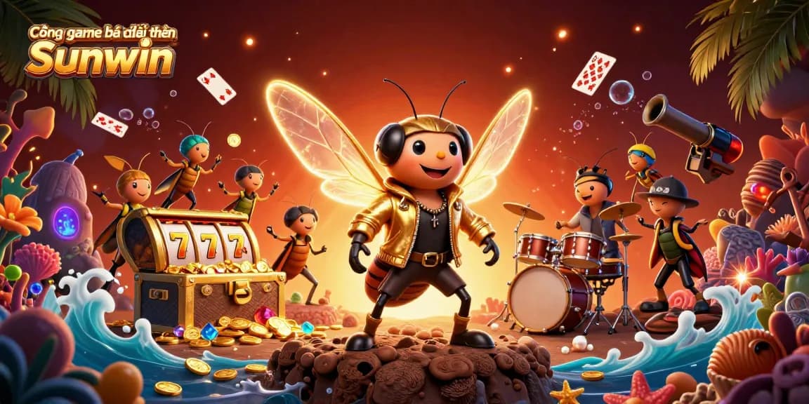 Cổng game bài đổi thưởng Sunwin showcases a vibrant 3D casino scene with a rock star cicada and lively game elements.