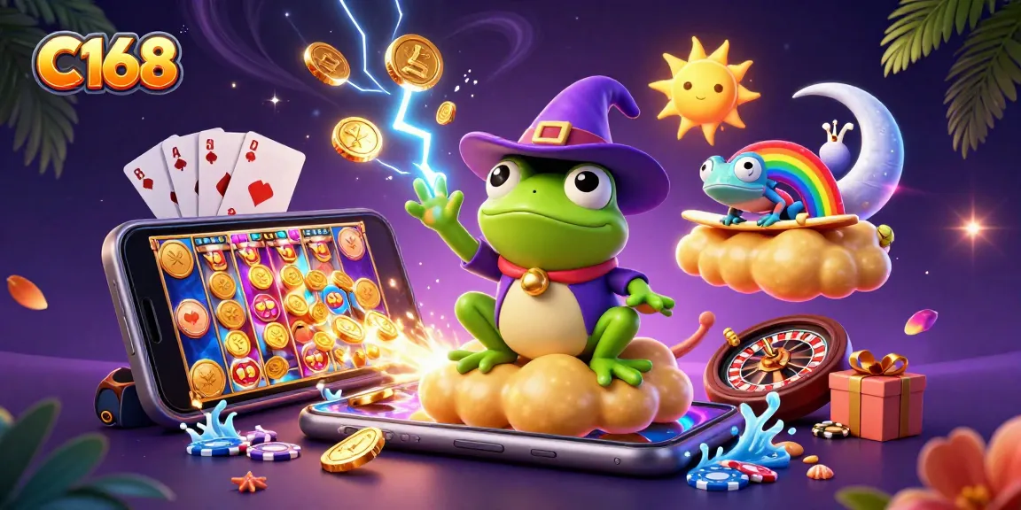 C168 players experience a vibrant casino fantasy with a frog wizard and chameleon during a golden coin storm.