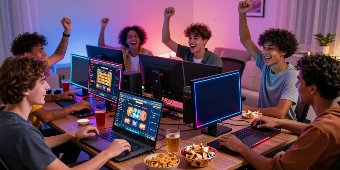 Friends enjoying a thrilling slot gacor gaming session with multiple screens and snacks.