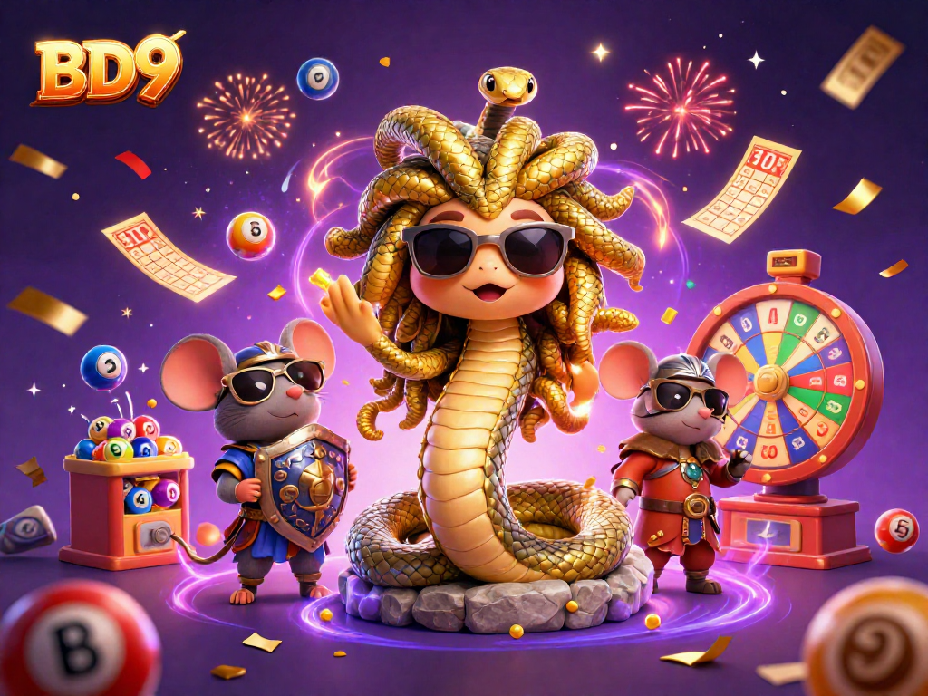 BD9 showcases a lively scene with Medusa and a warrior mouse amidst colorful lottery elements and festive effects.