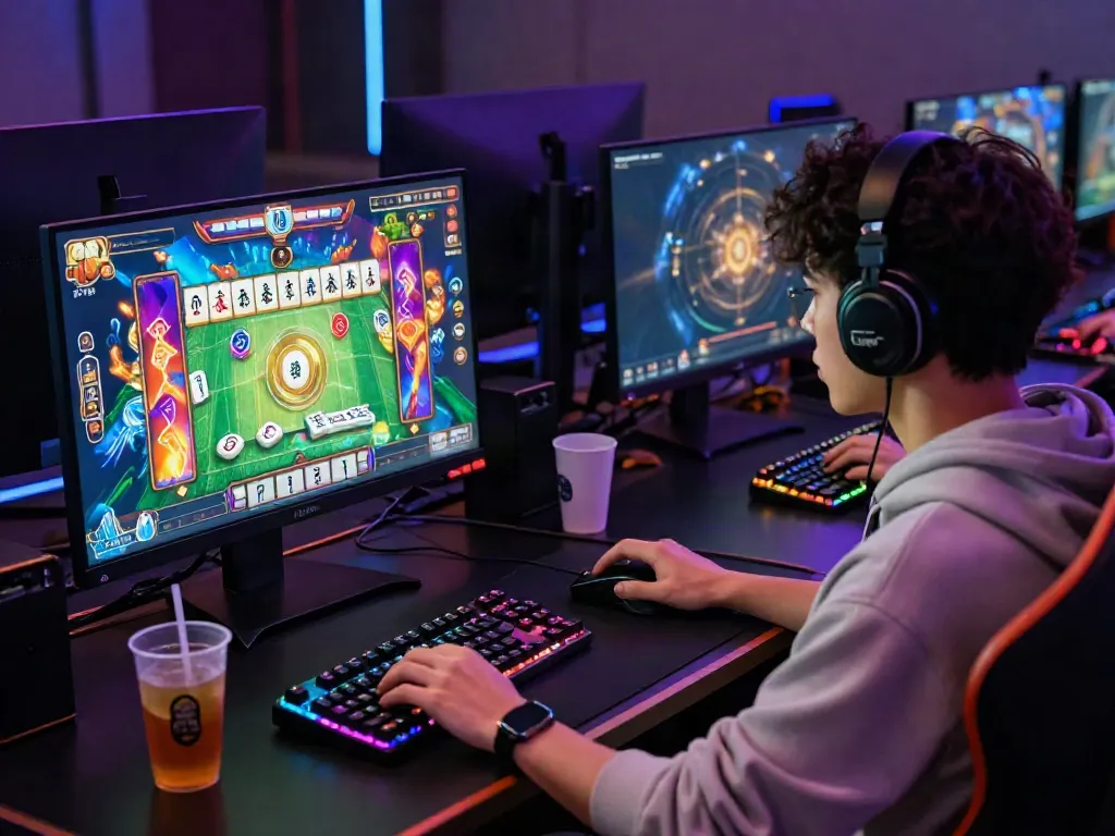 Pemain menikmati permainan MesinMPO slot Mahjong di desktop modern dengan aksesori gaming.