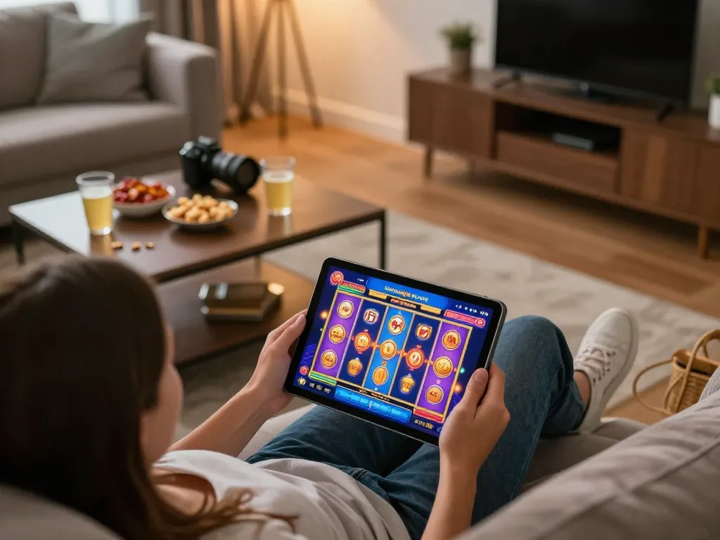 Iwin online gaming experience featuring player engaged in exciting slot gameplay at home