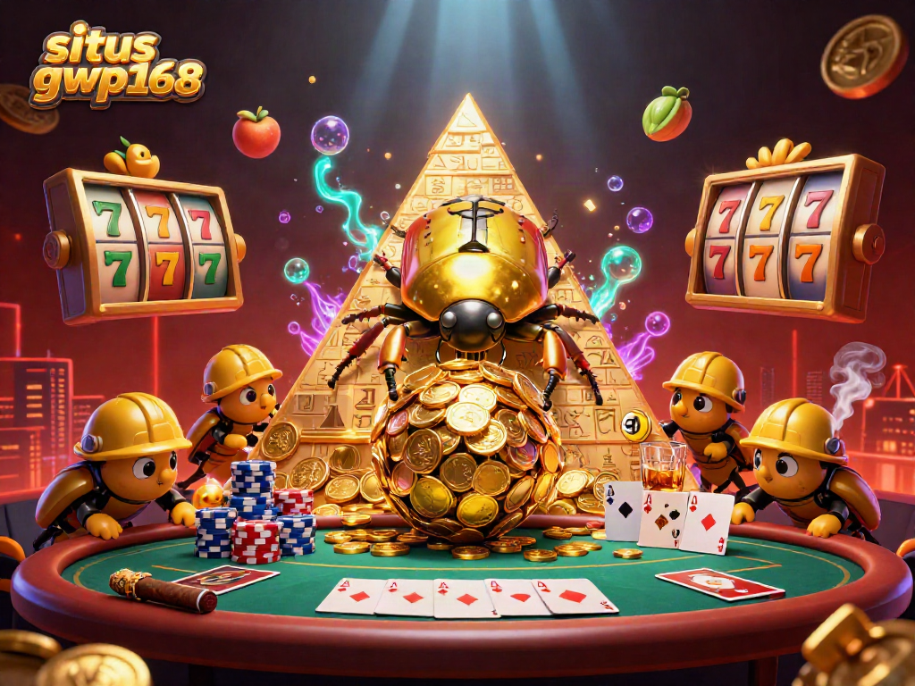 Melihat situs gwp168 dengan kumbang tahi emas menggulung koin ke atas piramida dalam ilustrasi 3D