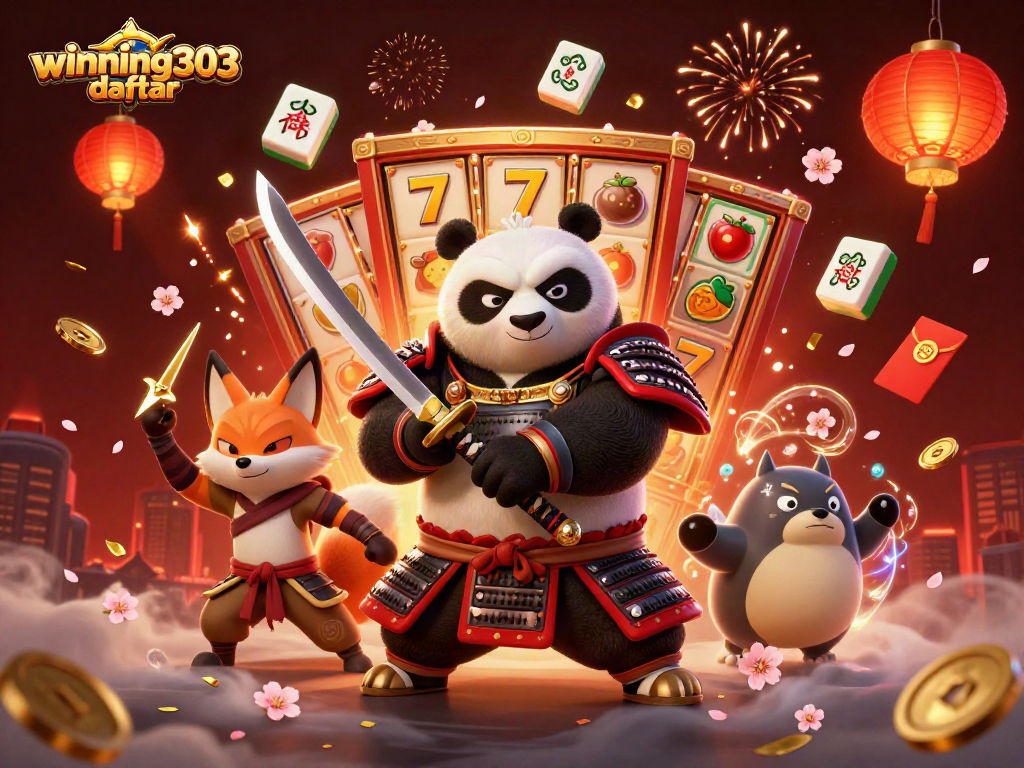 Win big with winning303 daftar, a dazzling scene of samurai panda and ninja fox amidst casino elements.
