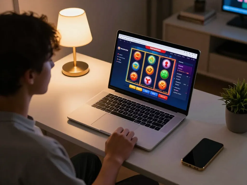 KDTOTO player engaged in gameplay on a sleek laptop, showcasing online casino's vibrant interface.