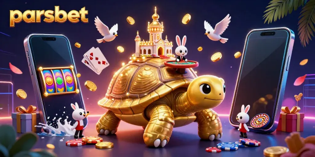Parsbet ile dolu eğlenceli bir casino sahnesinde, dev altın kaplumbağa ve tavşan dealer ile oyun kartları!