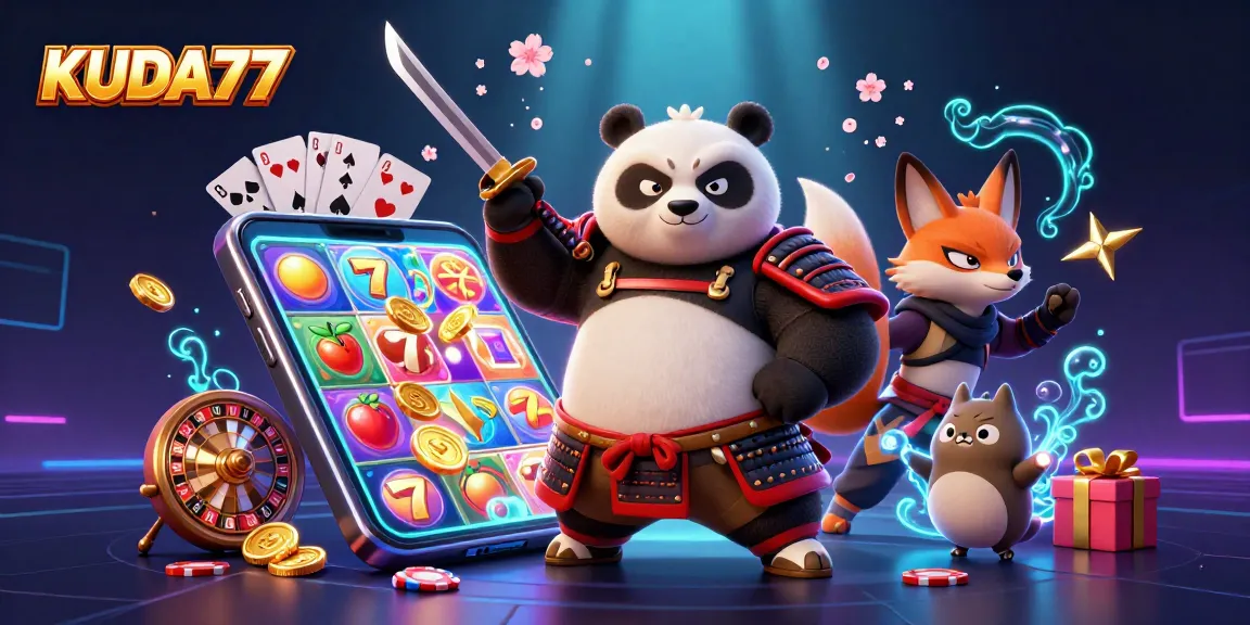 Menangkan permainan slot di KUDA77 dengan karakter menarik dalam ilustrasi kasino 3D.