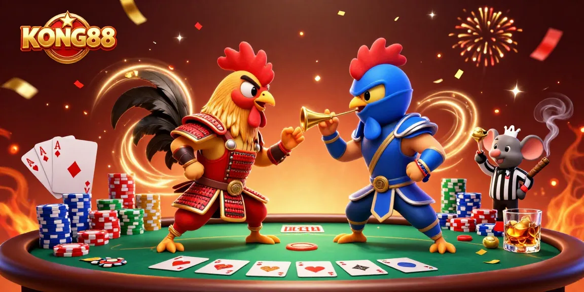 Watch KONG88's spirited rooster duel on a poker table amid vibrant casino festivities.
