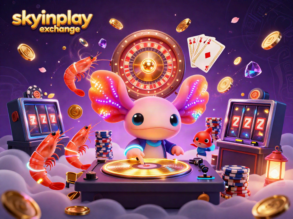 Engage with the vibrant skyinplay exchange scene featuring a neon axolotl DJ with casino elements.