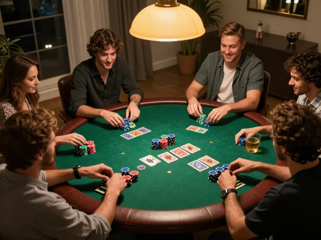 Friends enjoying a strategic poker game during a lively home night playing 789win.