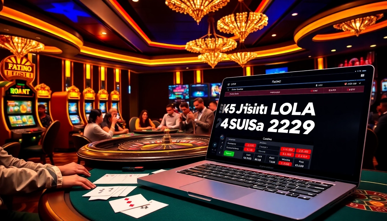 Situs Judi Bola Piala Dunia 2029 featuring an exciting casino table scene with eager players and vibrant slot machines.
