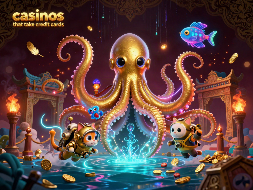 Experience the excitement at casinos that take credit cards with a vibrant 3D kraken scene filled with gaming elements.