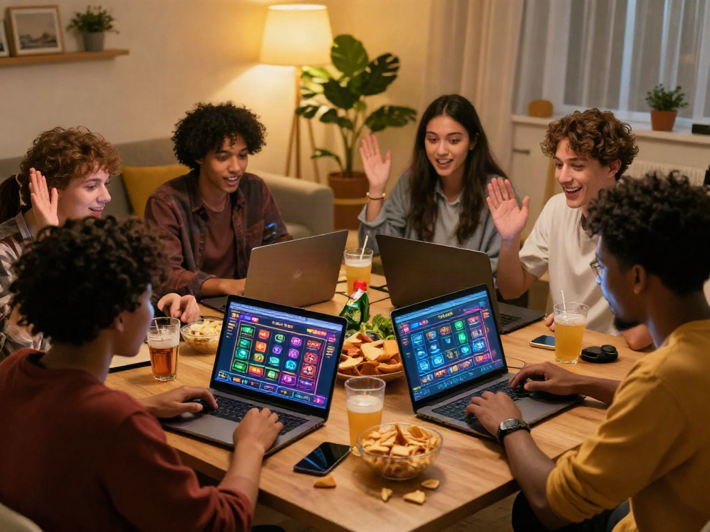Friends enjoying unsurtoto gaming together in a lively living room.