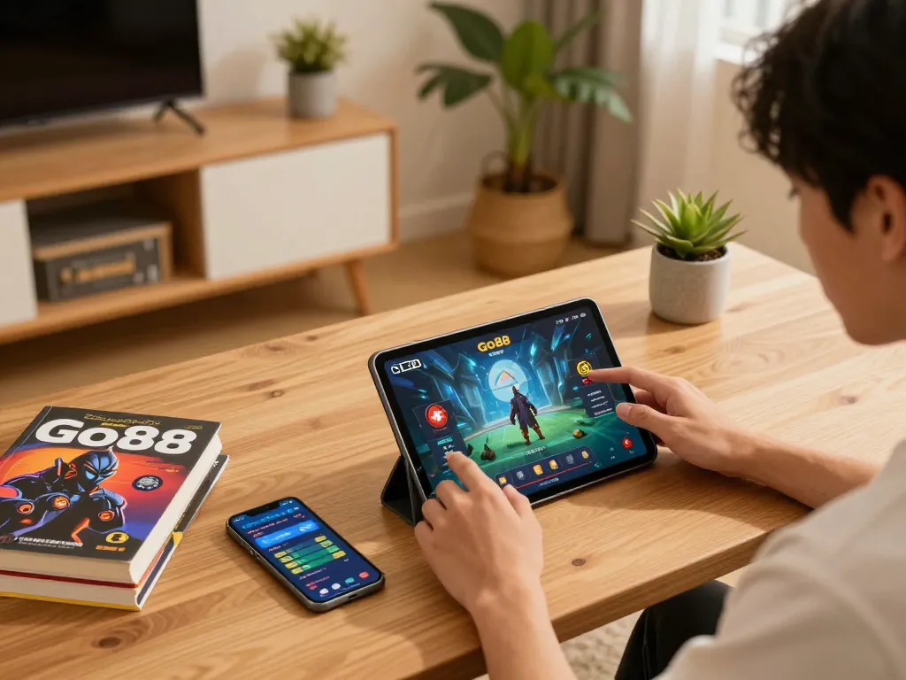 Engaging in Go88's online gaming on a tablet in a cozy home environment.
