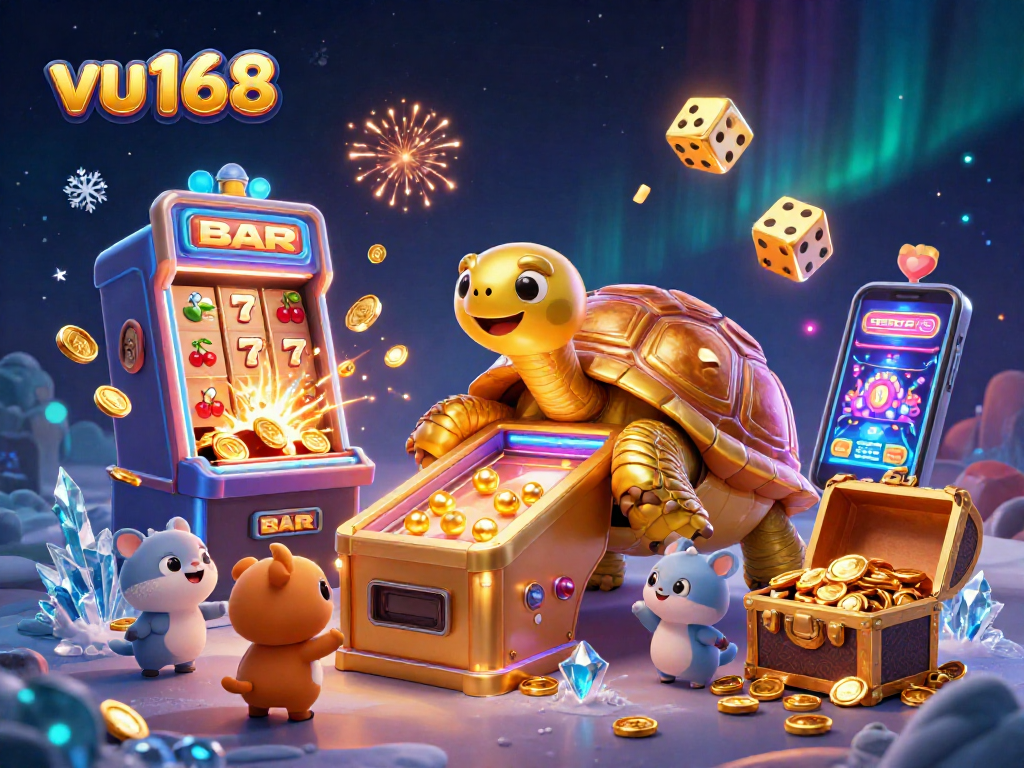 Spin and win with the vibrant vu168 casino scene showcasing a golden tortoise and jackpot elements.