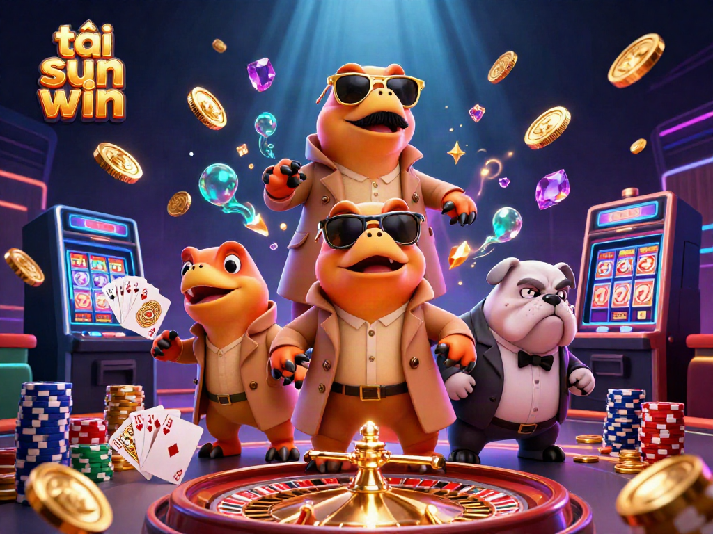 Experience gaming excitement and download tải sun win, with raptors in a trench coat and casino elements.