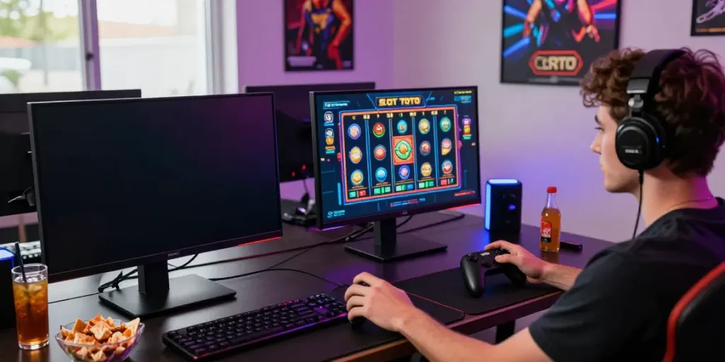 Engaging SLOT TOTO gaming experience with a player at a modern gaming desk illuminated by LED lights.