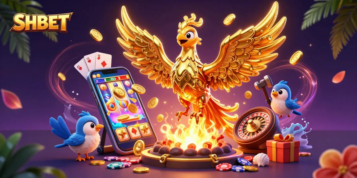 Experience the thrill of SHBET as golden phoenix immerses in casino chaos with coins and games.