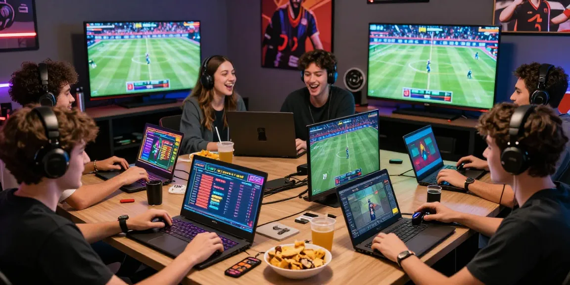 Exciting group of friends enjoying the lotus365 online gaming experience, diverse activities, modern digital environment.