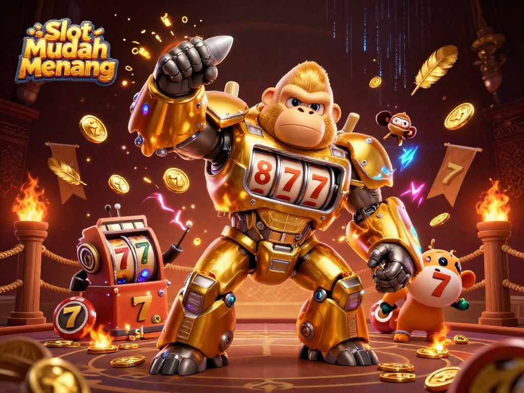 Engage with Slot Mudah Menang and experience exciting gaming with a dynamic golden gorilla mech.