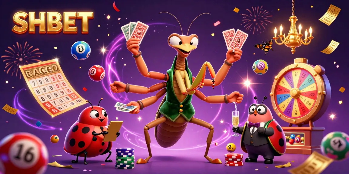 Join the excitement of SHBET as a giant mantis deals cards and lottery balls bounce around a vibrant casino scene.