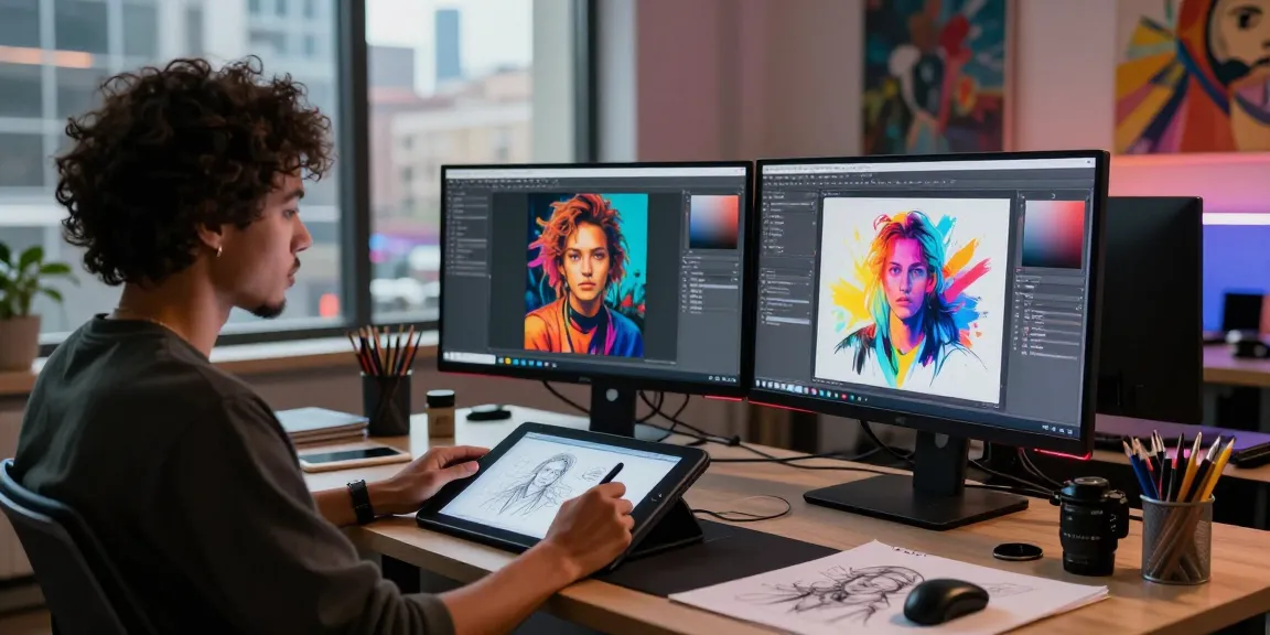 NSFW AI artist creating vibrant digital artwork in a modern studio.