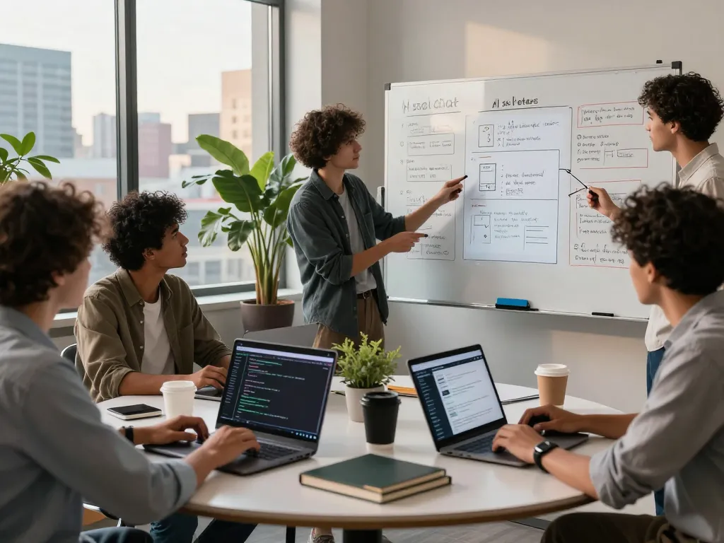 Creative team discussing AI sex chat app features in a bright digital workspace.