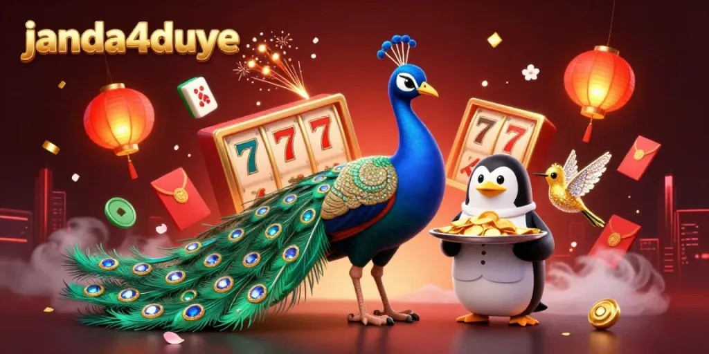 Menangkan permainan di janda4duye dengan pelayan penguin menghantarkan chip emas di bawah sinar lampion merah.