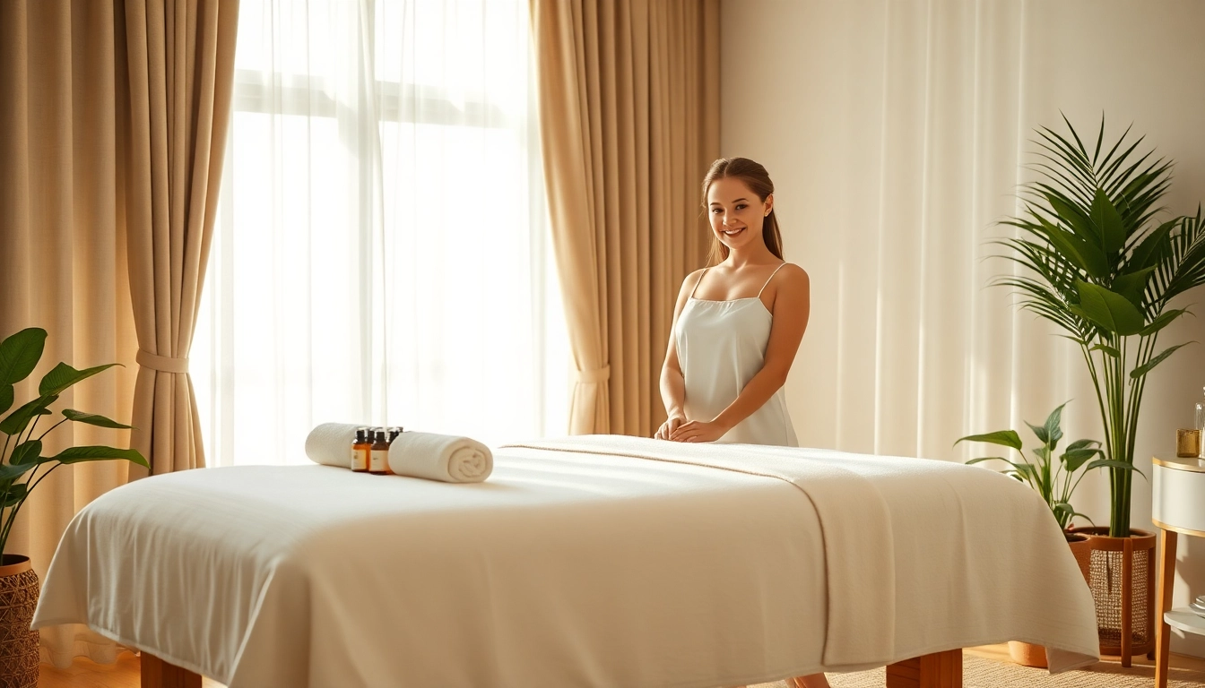 평택출장마사지 setup with an inviting massage table, aromatherapy oils, and a friendly therapist.