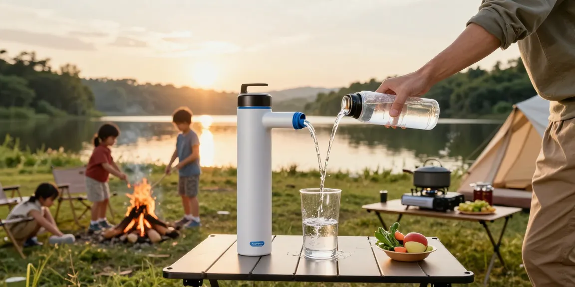 Family gathering at a campsite enjoying fresh water from the Waterdrop Gravity-fed Water Filter System with nature background.