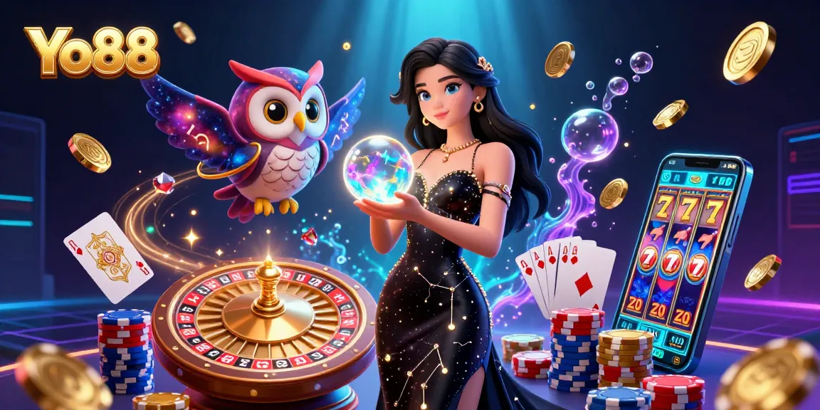 Win big at Yo88 with stunning visuals of a mystical casino experience filled with golden coins and vibrant games.