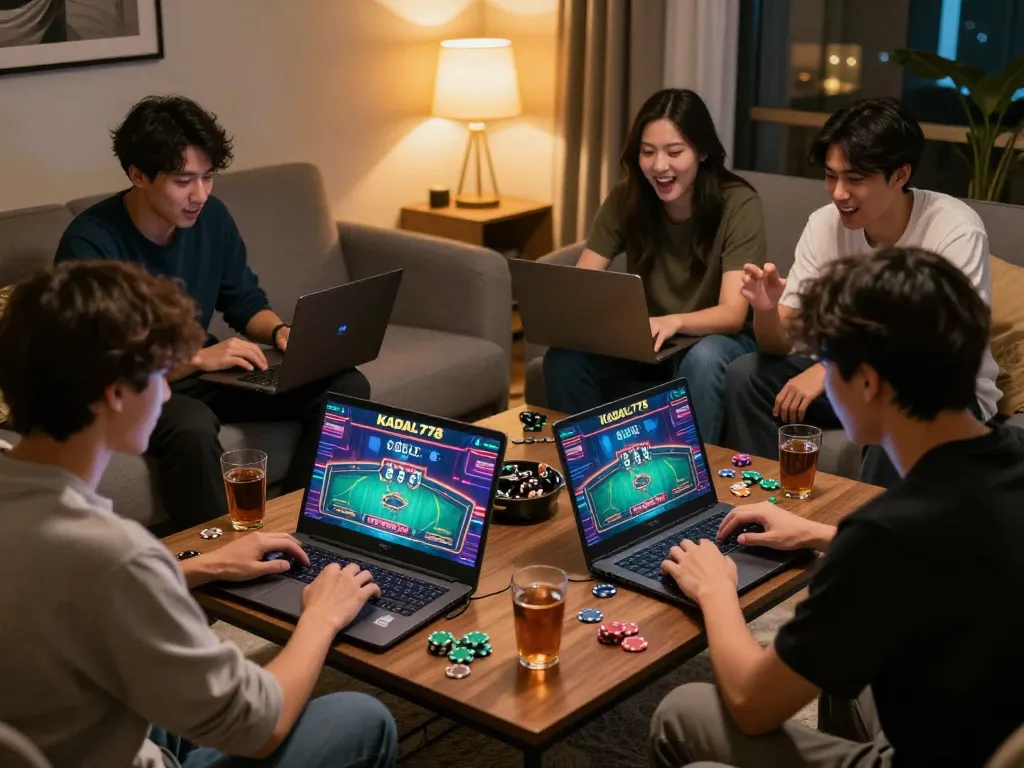 KADAL778 players celebrate wins in a cozy home gaming environment with laptops and drinks.