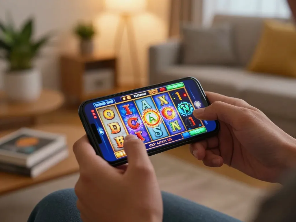 Engaging smartphone action on kdslot while spinning colorful online slot reels at home.