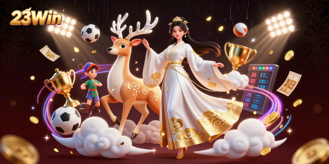 Experience gaming thrills at 23Win with diverse sports and casino elements showcased in a vibrant 3D illustration.