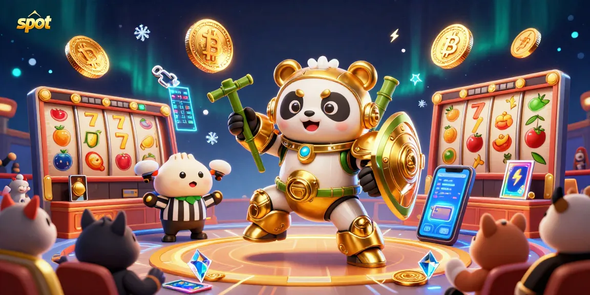 Putaran slot dengan simbol jackpot dan asisten robot dalam arena perjudian online yang menarik.