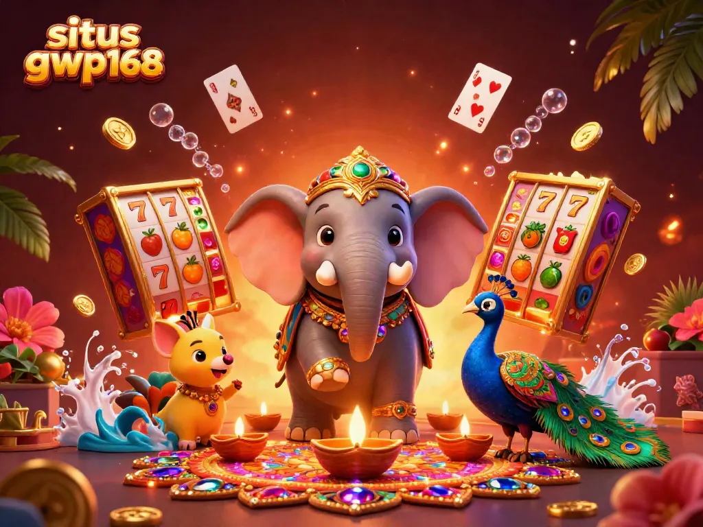 Menangkan permainan di situs gwp168 dengan elefan 3D penuh warna dan simbol kasino.