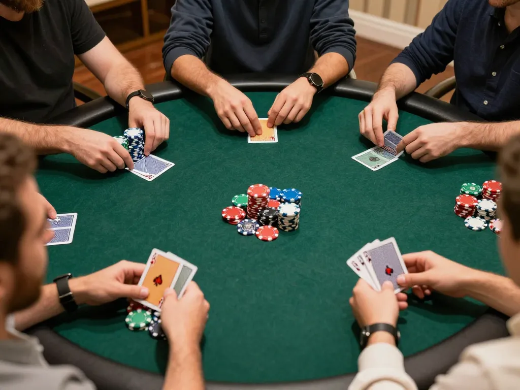 Permainan poker online DASI4D dalam aksi, menampilkan tangan pemain dengan kartu dan chip taruhan di lingkungan rumah yang cerah.