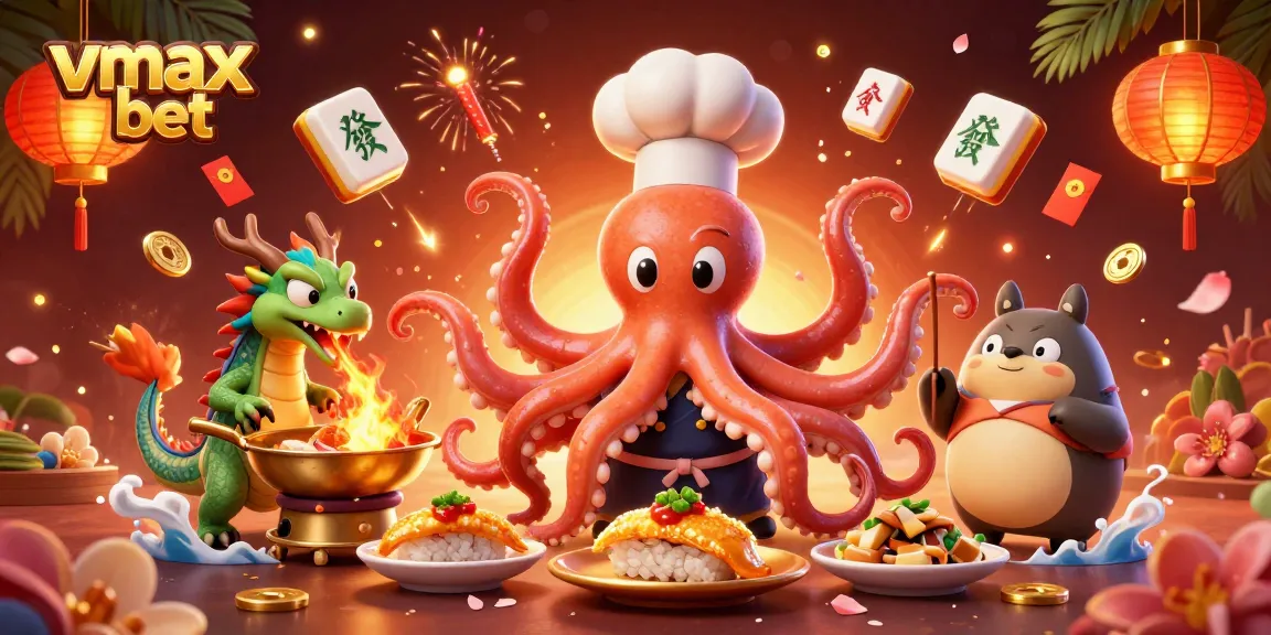 Experience vibrant vmax bet gaming with a dynamic illustration featuring an octopus chef and dragon.