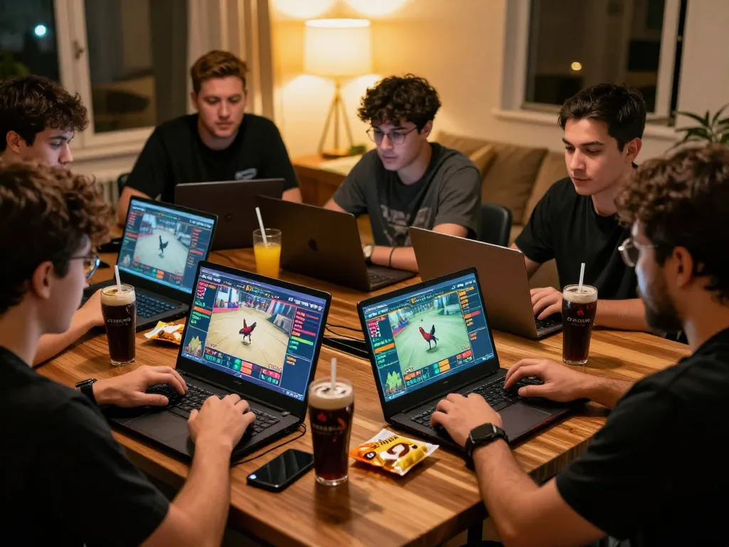 Online gaming enthusiasts at https://gavn99.org/ betting on live cockfighting, showcasing excitement in a cozy environment.