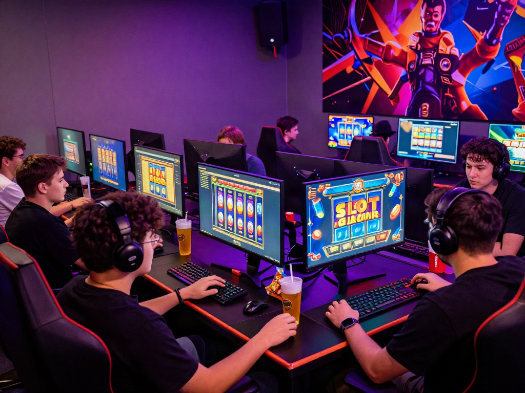 SLOT GACOR gaming scene with diverse players immersed in high-tech gaming environment, vibrant atmosphere.