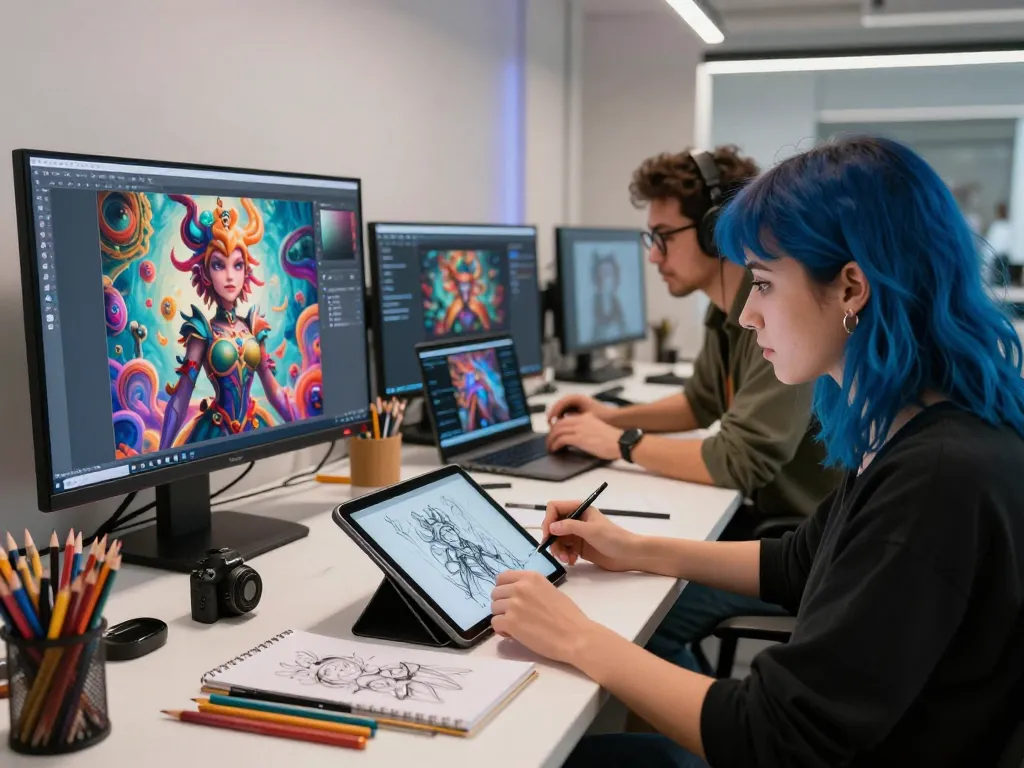 Collaborative scene of artists generating NSFW AI art in a modern studio, showcasing creativity and technology.