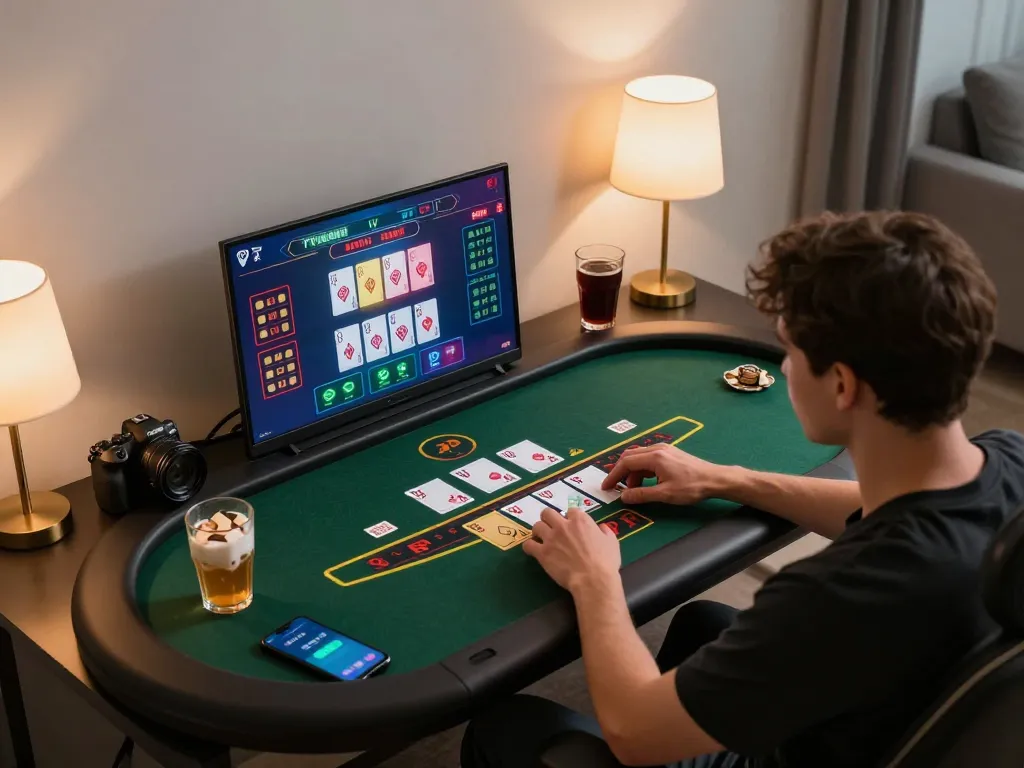 Person playing online blackjack on laptop at home, enhancing their strategies within a responsible gaming environment on gen-e platform.