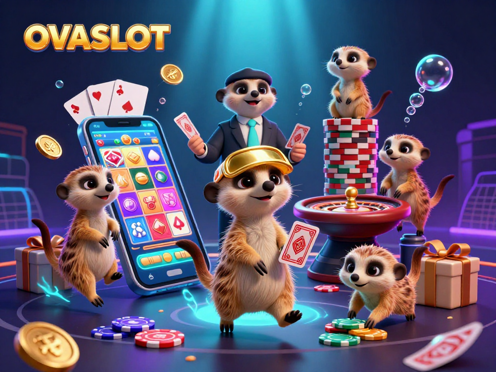 Spin colorful slot games and win with OVASLOT in a vibrant, dynamic casino scene.