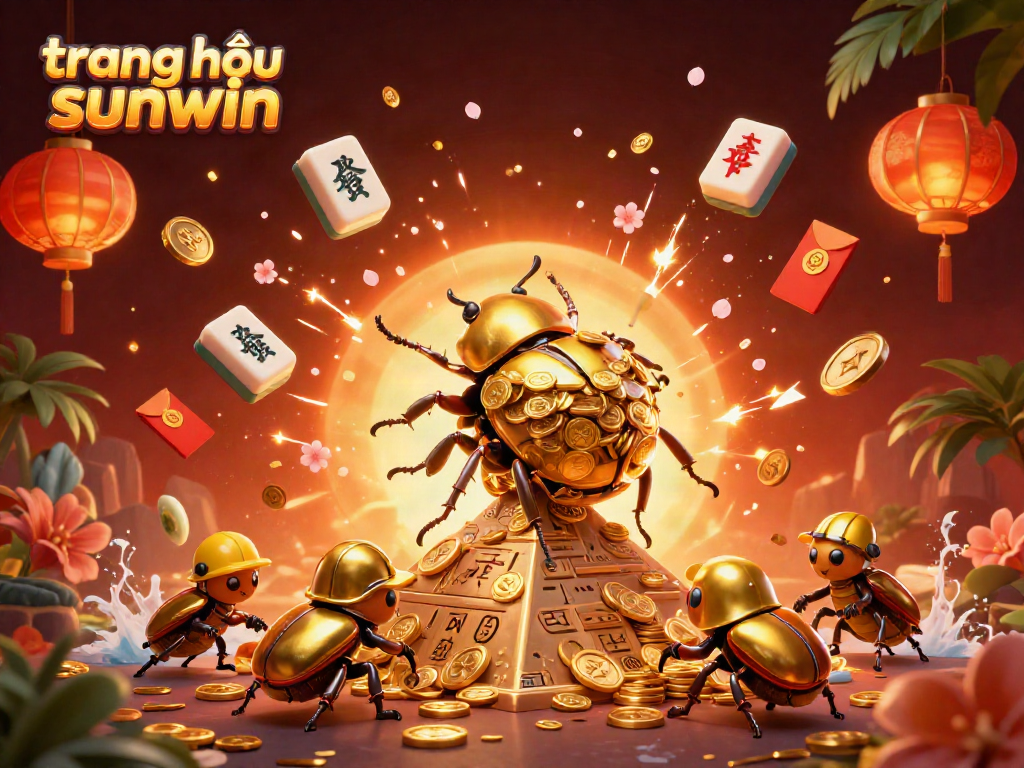 Engage with the trange chủ sunwin experience through a vibrant illustration featuring a golden dung beetle amid casino symbols and festive elements.