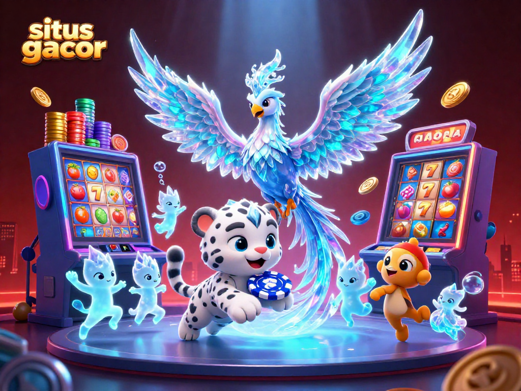 Swing into action on situs slot gacor with an enchanting ice phoenix and playful cub amidst jackpot visuals.