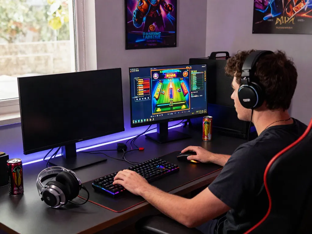 A thrilling online gaming setup showcasing akunjp gameplay with dual monitors and vibrant graphics.