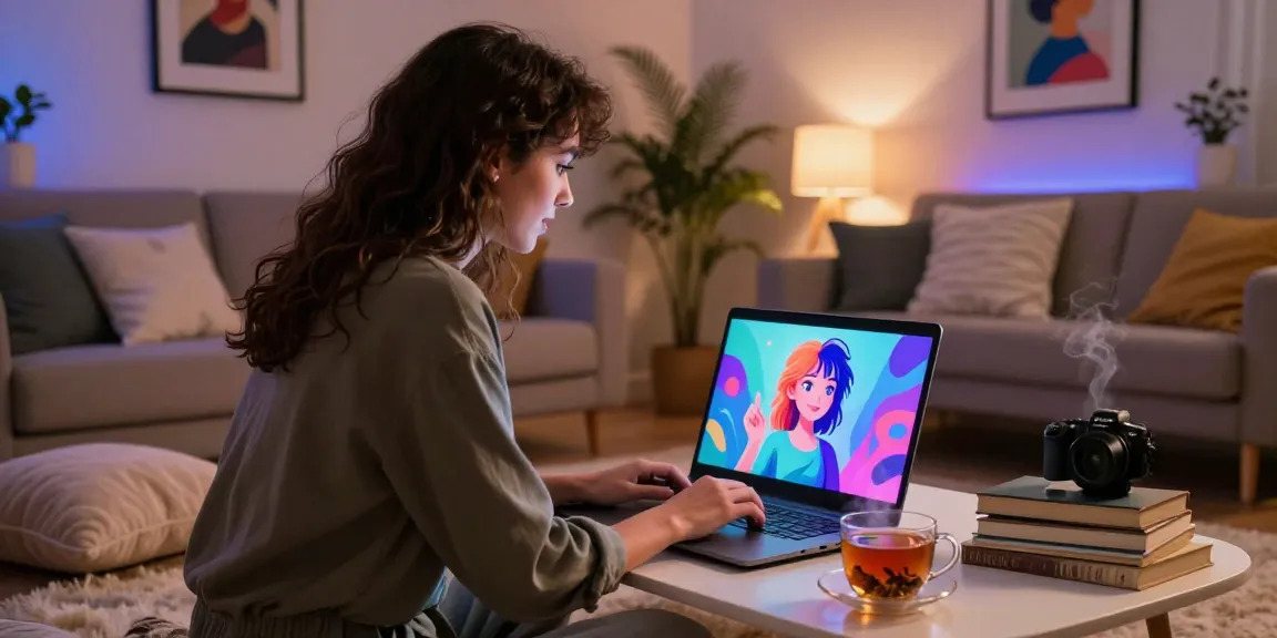 Engaging with an AI avatar in digital conversation, showcasing the future of ai sex chat in a cozy home.